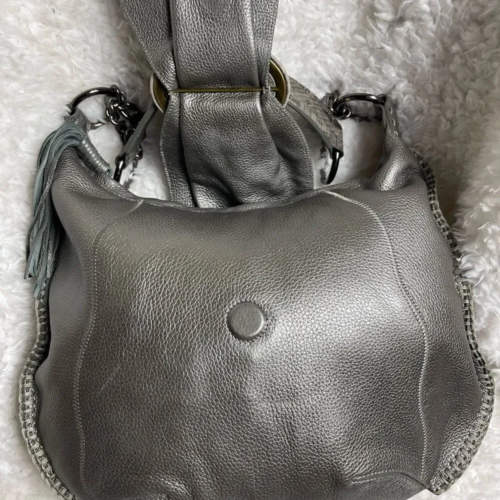 CHI by Carlos Falchil Hobo leather gray shoulder bag with shake skin flap& strap